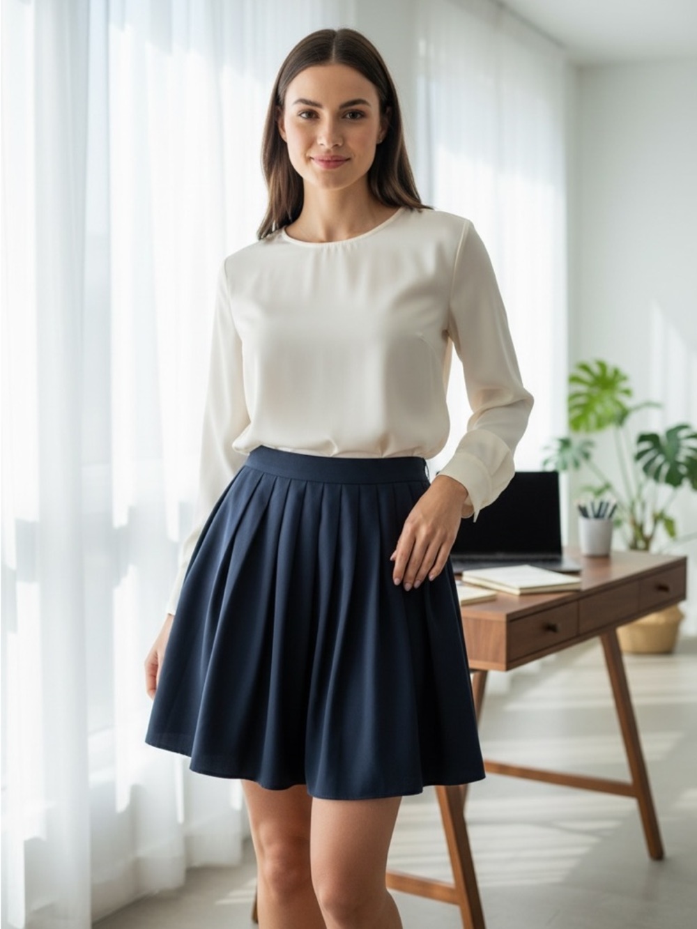 Navy Pleated High Waist Flowy Short Mini Skirt L